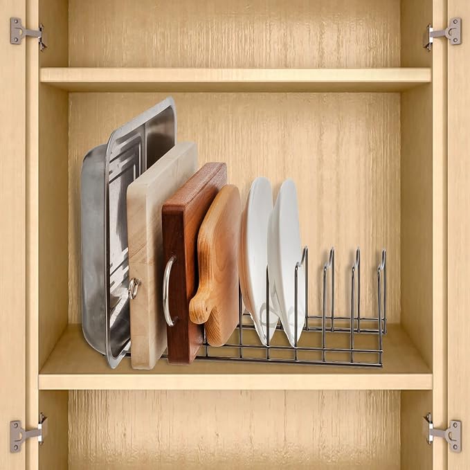 Pot Lid Holder Organizer, Kitchen Countertop Storage Rack Cutting Boards, Bakeware, Pots & Pans, Serving Trays, Reusable Containers in Cabinet Pantry, Stainless Steel