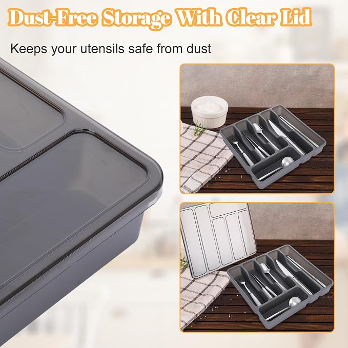 Gray Silverware Organizer with Lid,6 Compartment Flatware Organizer | Plastic Utensil Drawer Organizer for Kitchen and Countertop, Silverware Tray for Knives Forks Spoons Holder Case 12.6x11.8In