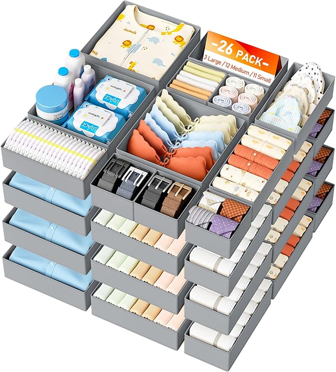 DIMJ Drawer Organizer Clothes 26 Pack - Foldable Baby Organizers and Storage & Closet Organizers for Bedroom, Closet - Nursery Organization Dresser Dividers for underwear, Sock,Bra, Belt, Tie,Gray