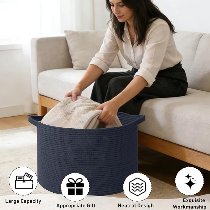 65L Large Blanket Basket,Woven Rope Laundry Basket Hamper with Handles,Decorative Nursery Basket Storage Bin for Toys, Pillows , Clothes Organizer, Living Room, Bedroom, Bathroom, Dark Blue
