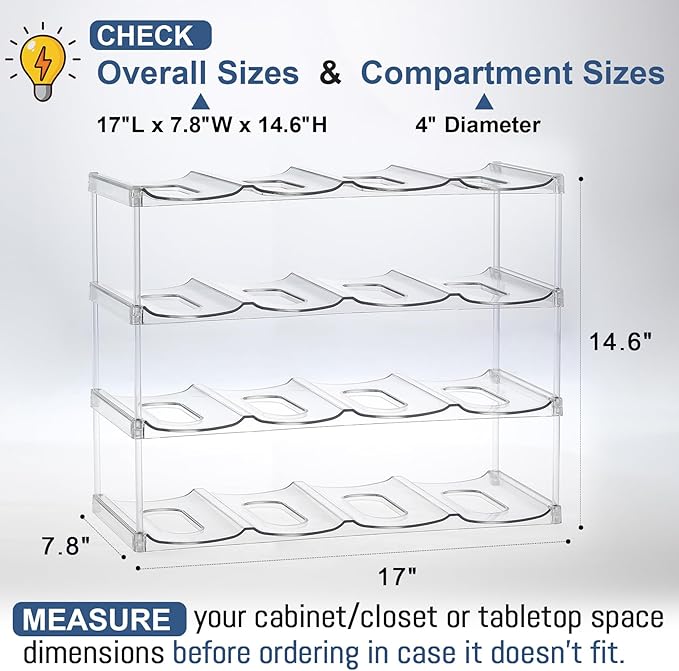 LARGER Compartment - 4 Tier Stackable Water Bottle Organizer Holder - for Stanley 40oz & Others' Large Tumbler - Clear Wine Rack, 16 Cup Bottle Holder for Cabinet Home Countertop Fridge Pantry Shelf