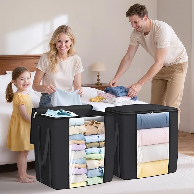 TasticTotes 120L Extra Large Clothes Storage Bags, Foldable Blanket Storage and Organization, Thick Fabric Containers with Reinforced Handles & Zippers for Clothing, Comforters, Bedding, Black, 1 Pack
