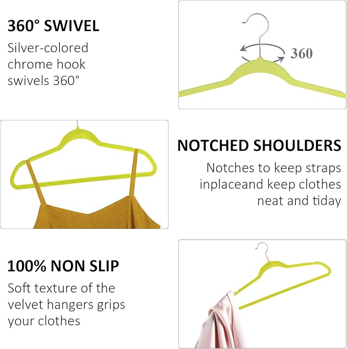 VECELO Premium Velvet Clothes Hangers Suit Heavy Duty (100 Pack)-Non Slip & Space-Saving with 12 Finger Clips & 2Tie Rack Excellent for Men and Women,Yellow
