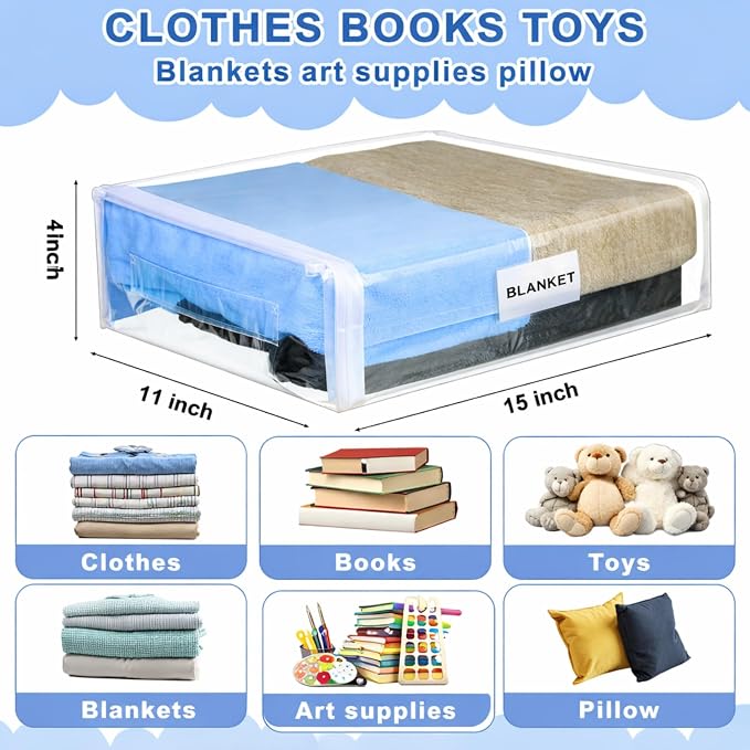 Kenning 20 Pcs Clear Zippered Storage Bags for Sheet Plastic Sweater Bag with Handle and Label Pocket Vinyl Stackable Closet Organizer Moving Bag for Bed Blanket Clothes Pillow(White,11 x 15 x 4 Inch)