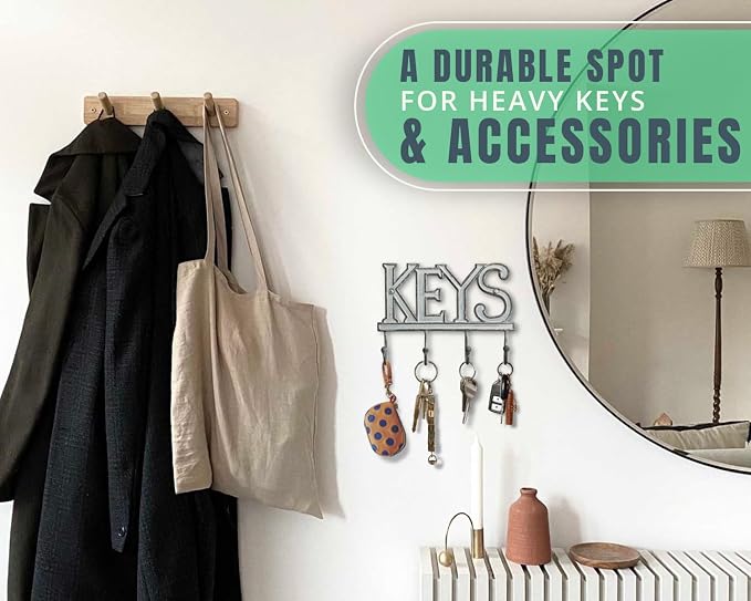 Comfify White Cast Iron Key Holder for Wall – Keys Sign with 4 Hooks | Clean white antique finish; mounting hardware included; entryway, hallway or door; 6"H x 8"L; holds 8 keychains