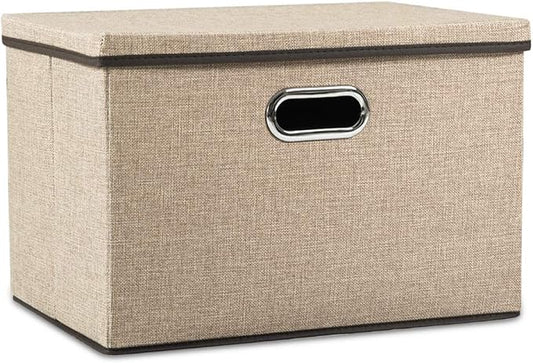 PRANDOM Large Collapsible Storage Bins with Lids [1-Pack] Jute Fabric Foldable Storage Boxes Organizer Containers Baskets Cube with Cover for Home Bedroom Closet Office Nursery (17.7x11.8x11.8)