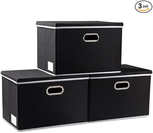 PRANDOM Large Foldable Storage Boxes with Lids [3-Pack] Fabric Collapsible Storage Bins Organizer Containers Baskets Cube with Cover for Home Bedroom Closet Office Nursery Black(17.7x11.8x11.8)