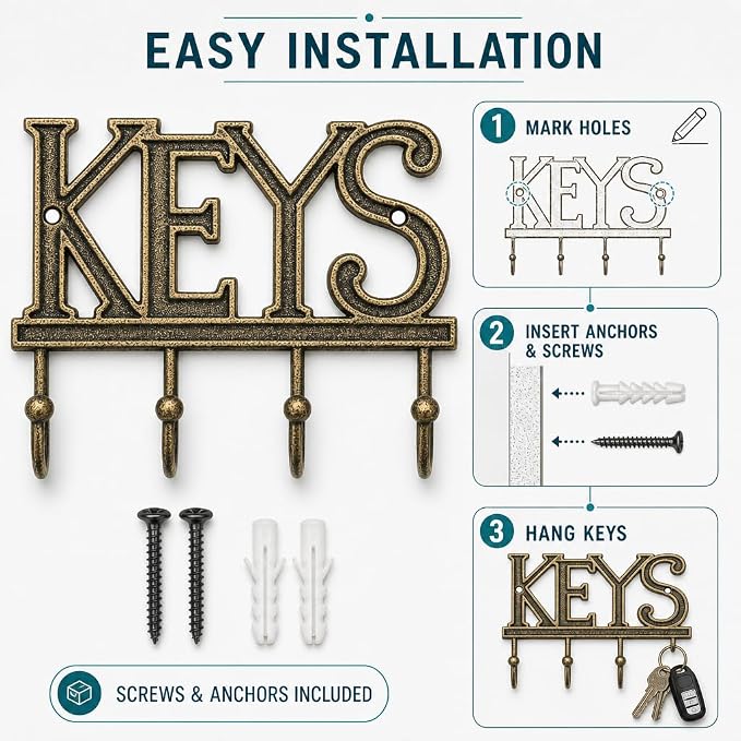 Comfify Gold-Black Cast Iron Key Holder for Wall – Keys Sign with 4 Hooks | Warm gold with black antique finish; mounting hardware included; entryway, hallway or door; 6"H x 8"L; holds 8 keychains