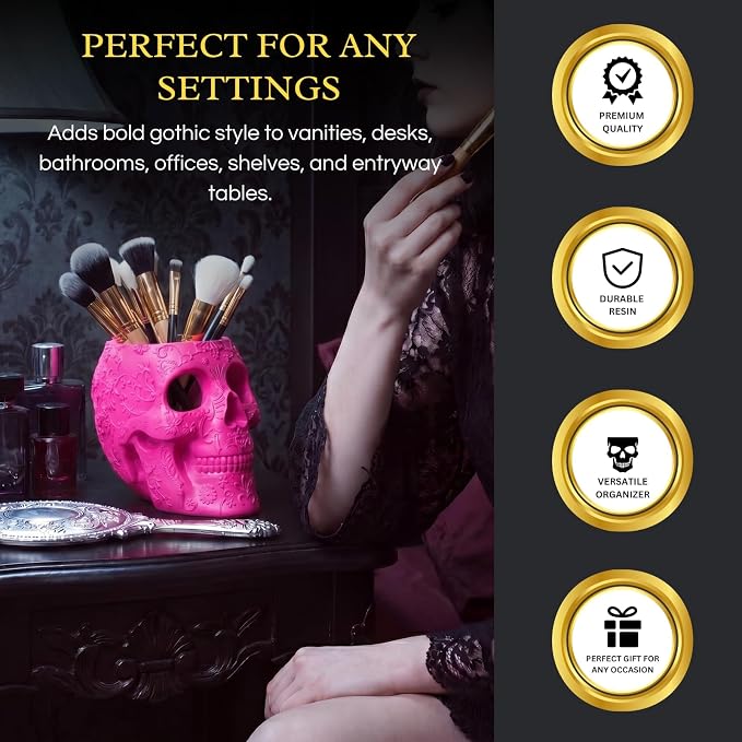 Skull Makeup Brush Holder, Pen Holder, Vanity, Desk, Office Organizer, Stationary, Decor Planter, Candy Bowl, Goth Decorations, Extra Large, Skulls Gothic Skull & Bones Organizer Bathroom (Pink)