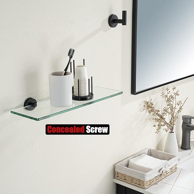 JQK Bathroom Glass Shelf Black, Tempered Glass Shower Storage 16 by 5 inches, 304 Stainless Steel Matte Black Wall Mount, TGS101L16-PB
