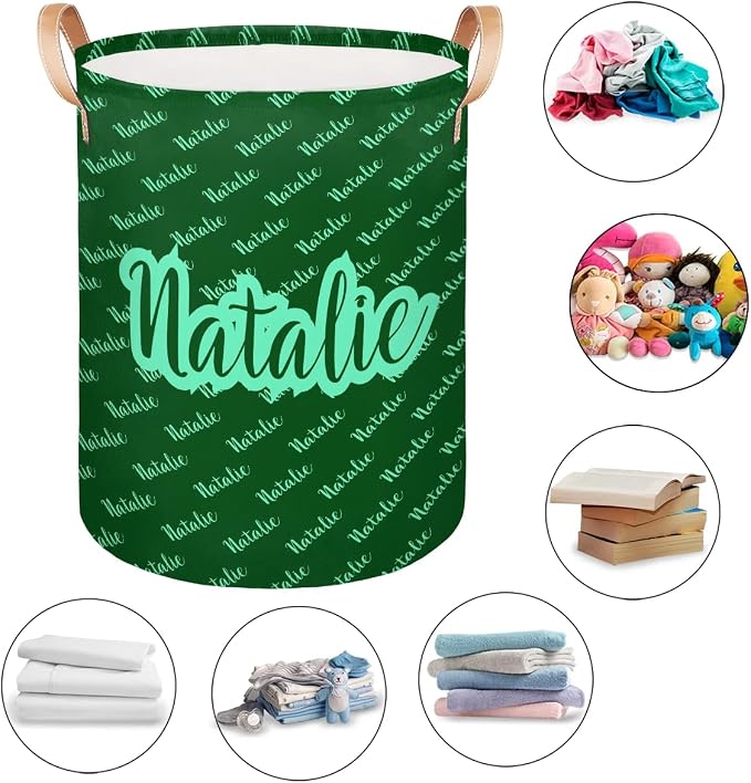 Personalized Laundry Basket, Custom Gift Laundry Hamper, Collapsible Nursery Waterproof Laundry Baskets, Dirty Clothes Toy Hamper with Handles Name Text Green