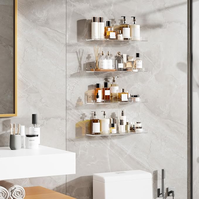 Dooiclear 4 Pack Floating Shelves for Wall, 15" Clear Floating Wall Shelf | Acrylic Book Shelf, Display Shelves Organizer for Bathroom, Classroom, Bedroom, Living Room, Kitchen, Room Decor