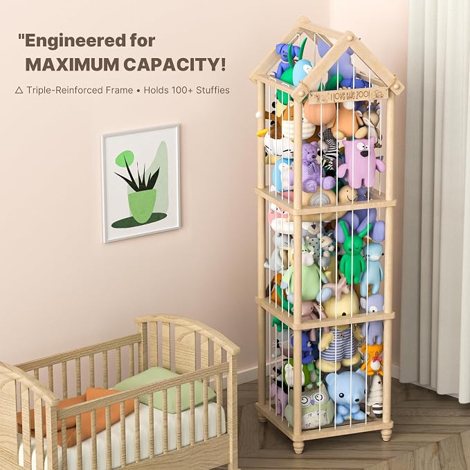 Stuffed Animal Storage Zoo, 65" Extra Large Wooden Plush Toy Organizer, Solid Pine Toy Holder with 3D Sign & Sturdy Base, Vertical Corner Stuffed Animal Cage for Nursery Playroom