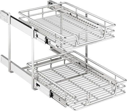 2-Tier Kitchen Cabinet Pull Out Shelf and Drawer Organizer Slide Out Pantry Storaqe Basket in Multiple Sizes (15" W x 21" D)
