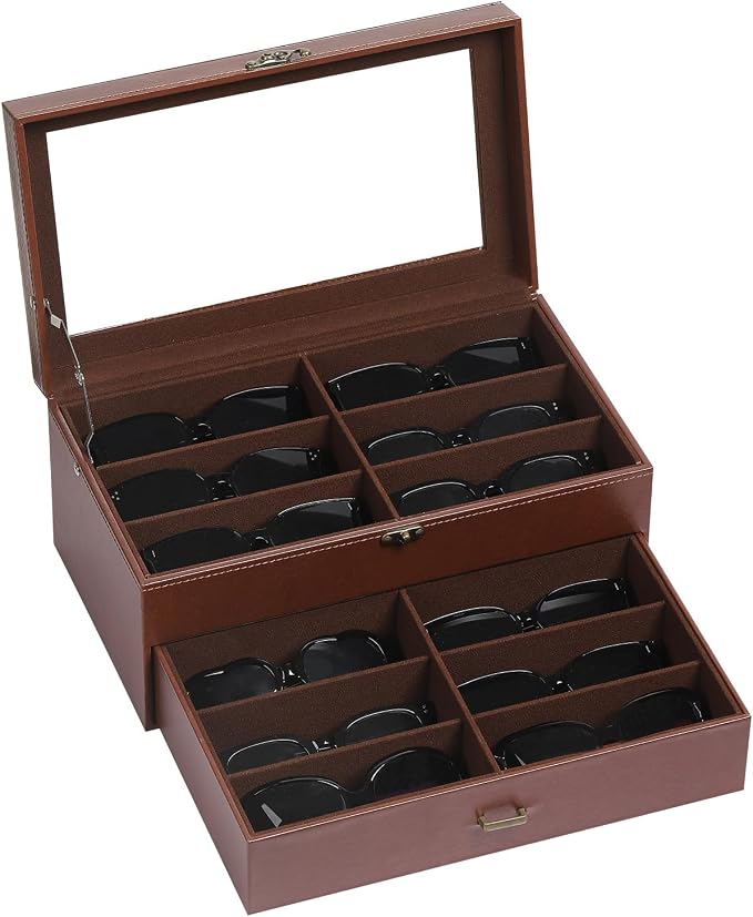 AUTOARK Leather & Velvet 12 Piece Eyeglasses Display Case,Coffee,AW-164 | Clear Lid,Storage and Sunglass Organizer,Drawer Lockable