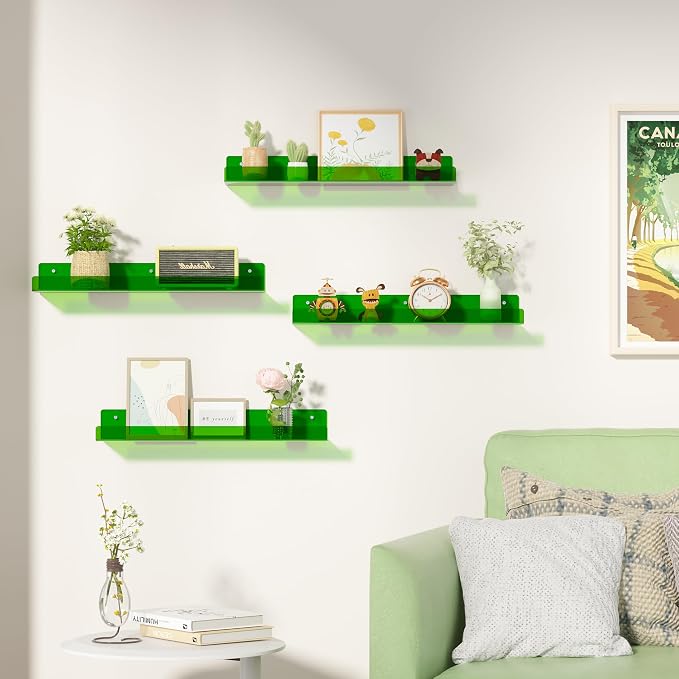 upsimples 4 Pcs 15" Acrylic Shelves for Wall Decor and Display, Green | Cute Floating Shelf for Perfume, Skincare, Nail Polish, Wall Organizer for Bedroom, Living Room, Playroom, Room Décor