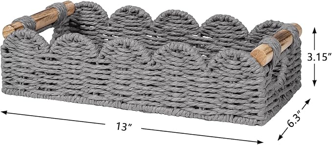 CubesLand Bathroom Basket Organizer w/Cut Out Handle, Back of Toilet Paper Storage Baskets for Bathroom Countertop Decorative, Small Scalloped Wicker Basket Also for Home Decor, Living Room, Grey