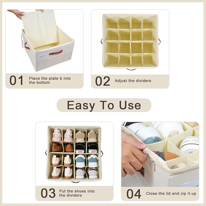Shoe Organizer for Closet, Shoe Storage Box, Foldable Shoe Box with Adjustable Dividers and Clear Cover, Closet Shoe Organizer Fits up to 16-32 Pairs, Extra Storage Pocket for Socks (2 Pack)