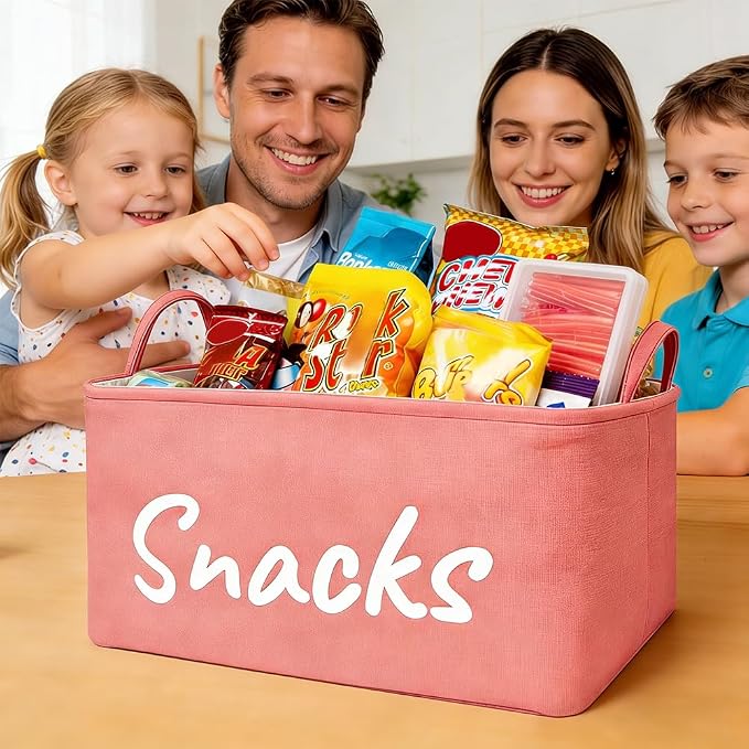 Snack Organizer Basket for Home Office: Snack Bin for Pantry (Pink)