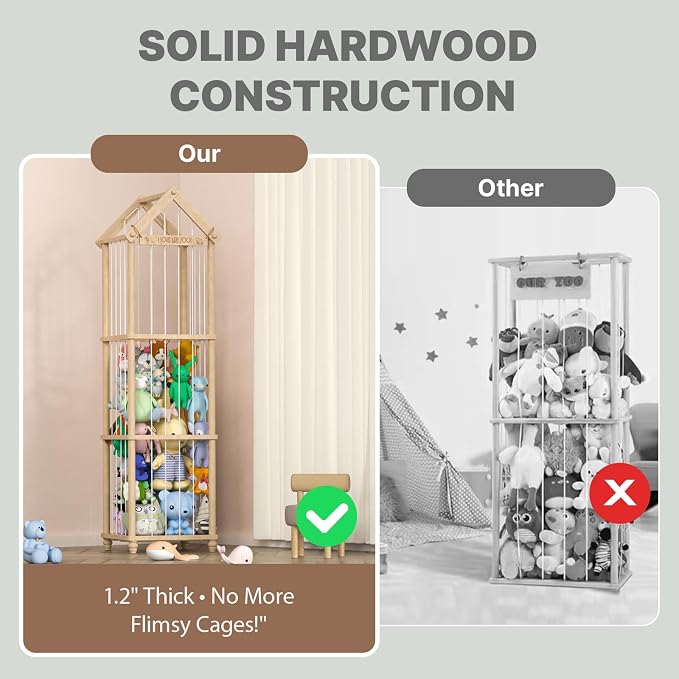 Stuffed Animal Storage Zoo, 65" Extra Large Wooden Plush Toy Organizer, Solid Pine Toy Holder with 3D Sign & Sturdy Base, Vertical Corner Stuffed Animal Cage for Nursery Playroom