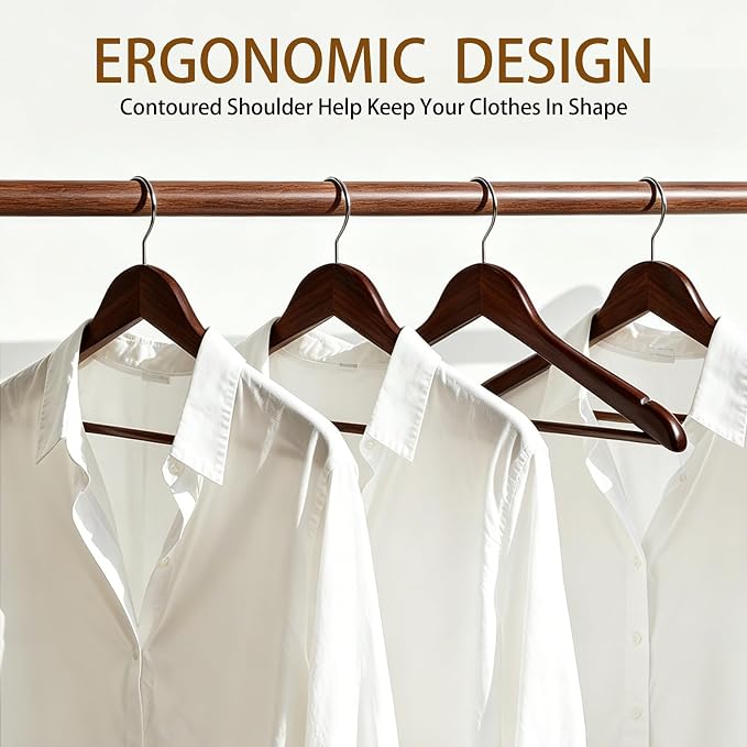 30 Pack Wooden Hangers, Solid Wood Coat Hanger with 360 Swivel Hook, Smooth Finish 17.5 Inch Clothes Hanger with Shoulder Groove for Shirts, Pants, Suits, Jackets, Dresses, Dark Brown
