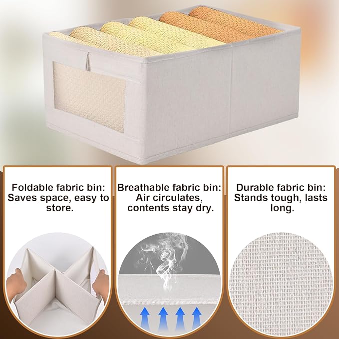 Linen Bins 3 Pack, Foldable Storage Organizer with Window, Beige | 16"x11"x7" size fits standard closet shelves and cubbies—neatly corrals clothes, towels, and jeans, with a clear window