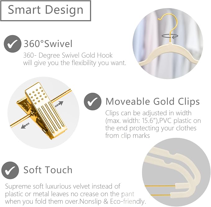 MIZGI Premium Velvet Pants Hangers with Adjustable Clips (Pack of 20) - Slim Skirt Hangers - Non Slip Felt - Ivory/Gold