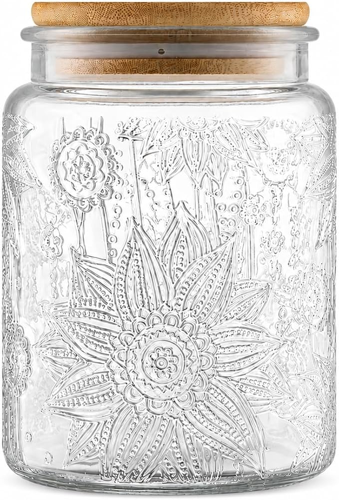 ANSQU Vintage Glass Jar with Lid, 23.7oz Airtight Glass Food Storage Container for Kitchen Counter, Pantry, Decorative Jar for Coffee, Tea, Sugar, Cute Jar