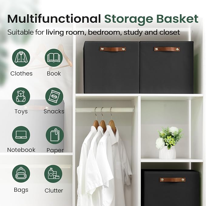 FinishingBo 6-Pack Storage Cubes with Handles & Label Holders Basket, Closet Cube Home Organizer Bins(Black, 13 x 13 x 13 inch)