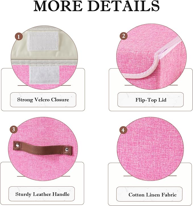 Collapsible Storage Boxes Baskets with Lid Cotton Linen Fabric Storage Bins with Faux Leather Handles Decorative Washable Cube Organizer Container for Home Closet Bedroom (Pink, Large Size)