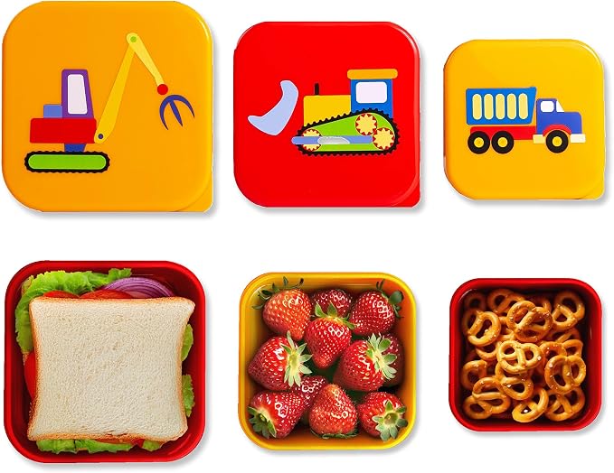 Wildkin Set of 3 Kids Nesting Food Containers for Boys – Stackable, Airtight & BPA-Free Snack Containers, Dishwasher Safe Lunch Box Containers for School & Travel, Ages 3–12 – Under Construction