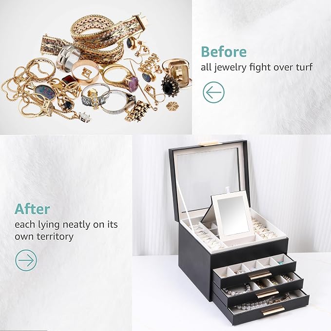 BOOVO Clear Lid Jewelry Box,3 Layers Jewelry Organizer Large Jewelry Storage Box with 2 Drawers,Jewelry Holder Organzier of Rings Earrings Necklace Bracelets for Women (Black, 4 Layer)