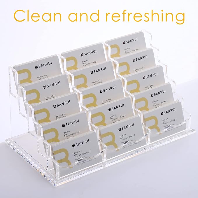 SANRUI Acrylic Multiple Business Card Holder Display for Desk, 15 Slots Business Card Stand, Clear Horizontal 5 Tier Business Card Holders, Holds 750-900 Cards