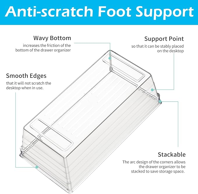 soulmate 10Pcs Clear Drawer Organizer Tray 3-Size Plastic Desk Drawer Organizations Set Bathroom Vanity Drawer Organizer Storage Tray for Makeup, Kitchen Utensils, Jewelries and Gadgets