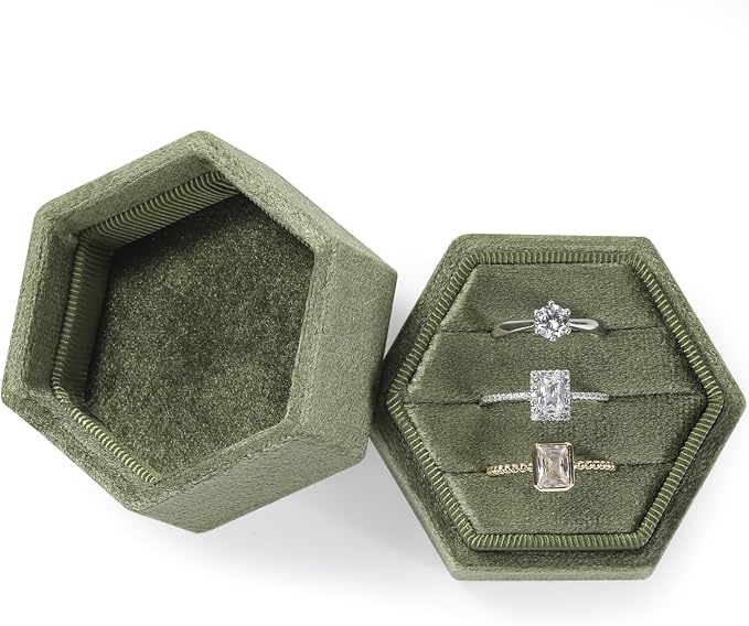 WantGor Velvet Jewelry Ring Box, 3 Slots Hexagon Ring Gift Box Ring Holder | Vintage Ring Display Case for Wedding Ceremony Proposal Engagement (Olive Green)