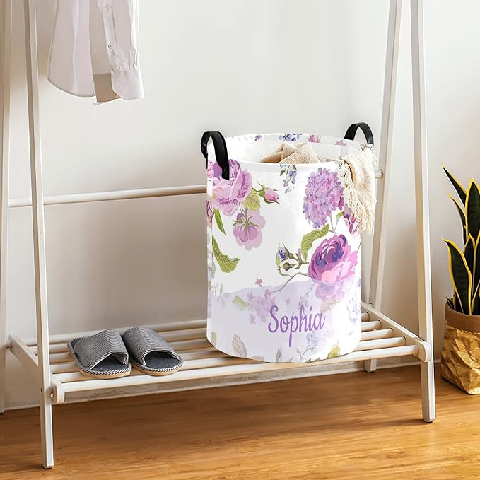 Laundry Basket Purple Floral Custom Name Laundry Bag Hamper Collapsible Oxford Cloth Home Storage Bin with Handles