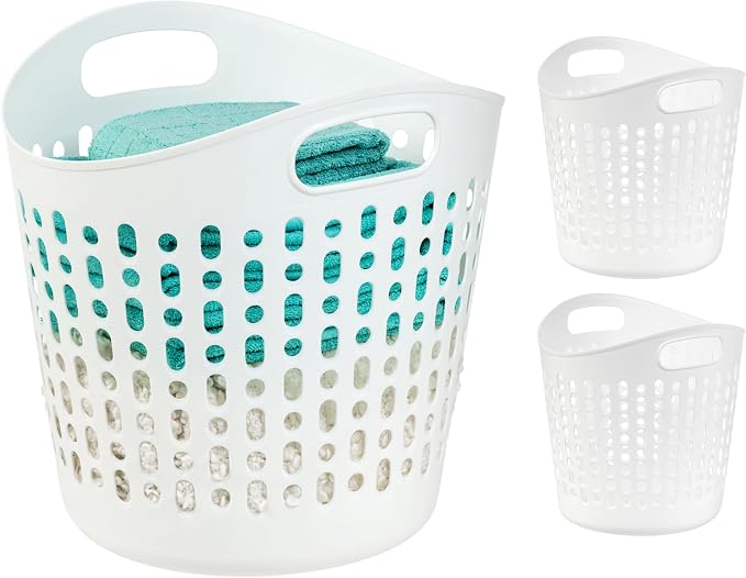 IRIS USA Plastic Laundry Basket, 40L - 3 Pack, Flexible Clothes Hamper Tall with Ventilation Holes, Laundry Room Bedroom Bathroom Apartment Dorm Blankets Pillows Trinkets Organization, White