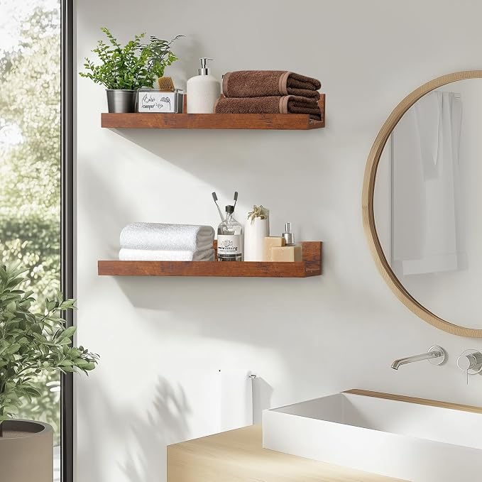Muzilife 45.3" Large Floating Wall Ledge Shelves with Lip - Set of 2 Rustic Wood Floating Shelves - Honey Wall Mounted Picture Ledge for Office, Bathroom, Bedroom, Living Room, Kitchen