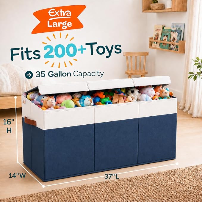 SoftOwl Extra Large Toy Storage Organizer with Lid - Sturdy, Collapsible Toy Chest Storage Box Design - Toys Bin with Dividers for Kids, Nursery, Bedroom, Playroom 37"x16"x14"