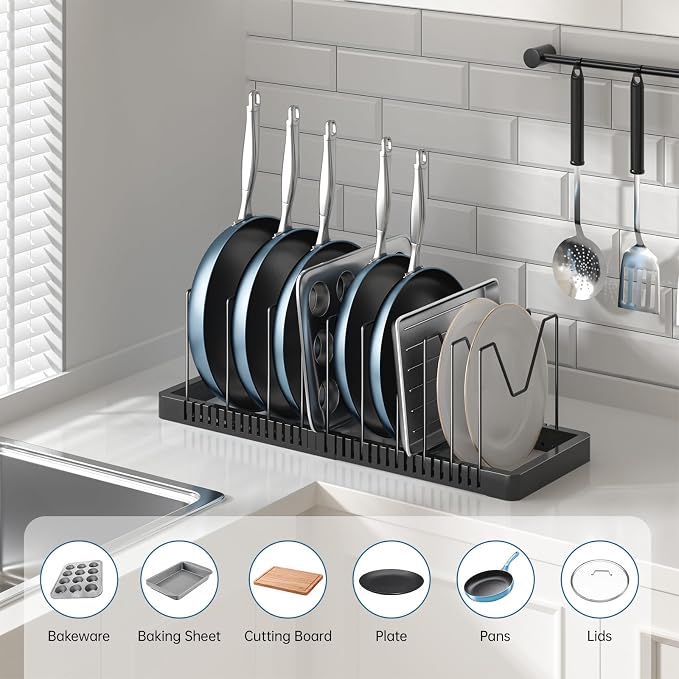 PanPanPal Pots and Pans Organizer under Cabinet, Expandable Pot Lid Organizer Holder with 10 Adjustable Compartment, Pan Organizers inside Cabinet for Lids, Bakeware, Kitchen Storage Pot Rack, Black