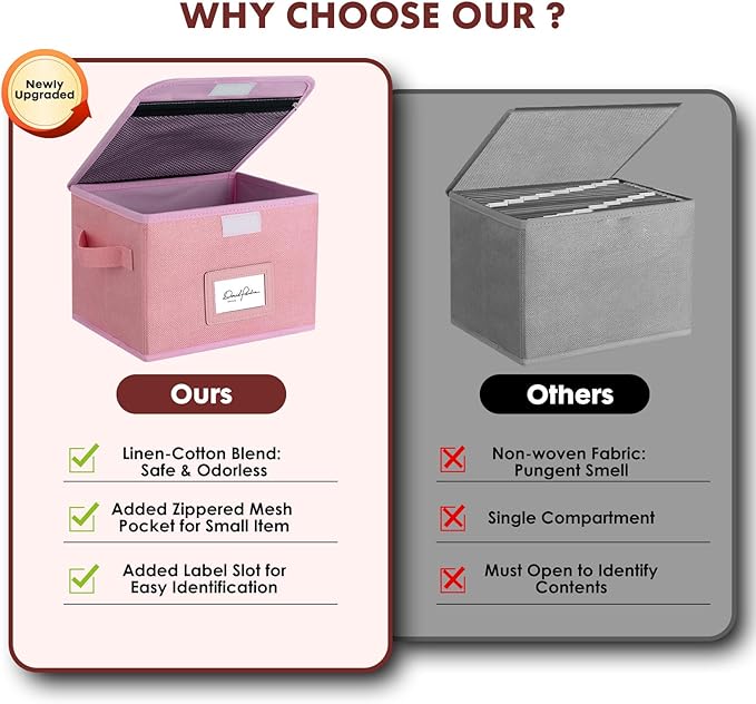 2 Pack Small Storage Box, Storage Basket with Lid, Foldable Cotton Linen Fabric Keepsake Box, Organizer Container with Zipper for Decorative, Medicine, Greeting Card Organizer, Pink