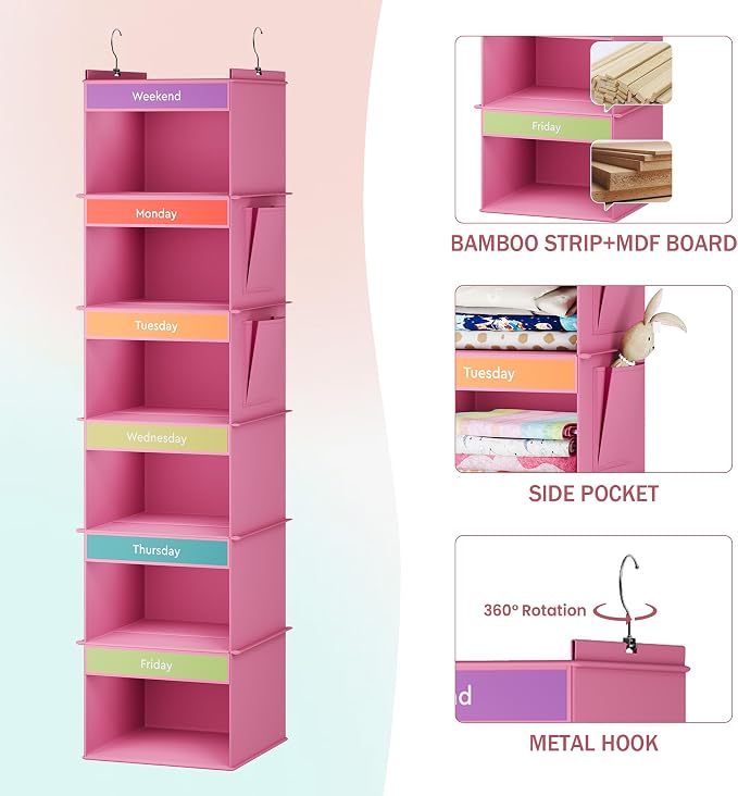 YOUDENOVA 6-Shelf Weekly Hanging Closet Organizer, Weekly Clothes Organizers for Kids with 2 Side Pockets, Pink