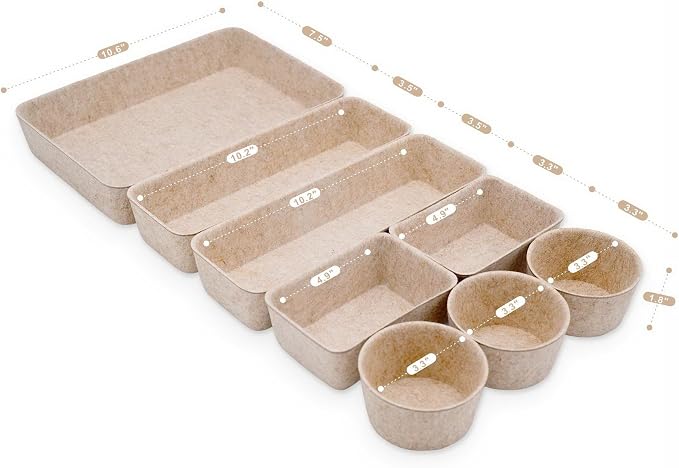 Welaxy Office Desk Drawer Organizers Trays Felt Shallow organizing Box Draw dividers for hygge aesthetics Office Supplies Multi-purposed Organize 8-piece (Oatmeal)