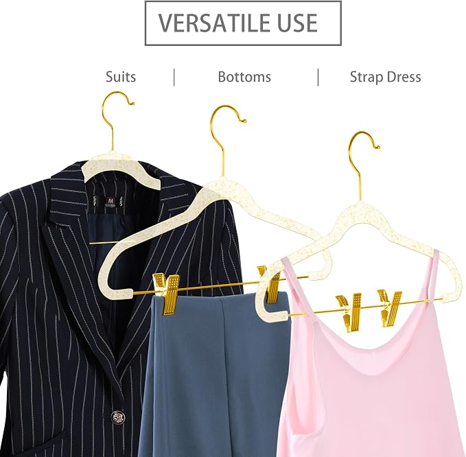 MIZGI Slim Gold Glitter Pants & Skirt Hangers (20 Pack) – Adjustable Gold Clips & Hooks, Transparent Non-Felt, Space-Saving for Dresses, Shirts, Blouses
