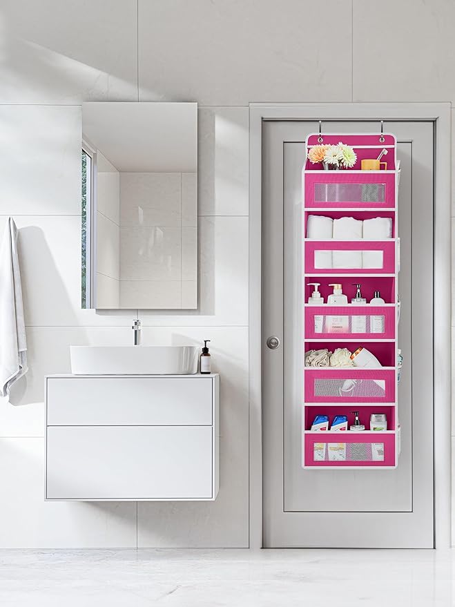 JARLINK Over The Door Organizer Storage, 5 Shelf Hanging Door Organizer with 5 Large Capacity Pockets, Anti Tilt 44 lb Load Behind Door Storage for Bedroom, Bathroom, Pantry, Nursery, (Pink)