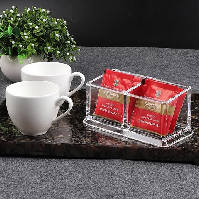 Acrylic Tea Bags Holder Coffee Sugar Bag Case Guest Room Storage Boxes - Holder for Tea Bags, Small Packets, Sweeteners,Sugar Packet, Coffee, Condiment (L16.6*W8.2*H7.5cm)