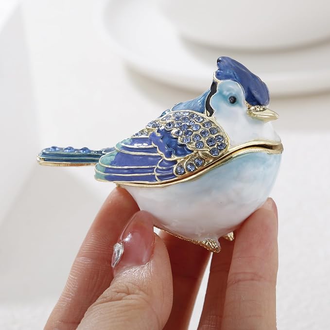 Hand Painted Enamel Blue Jay Trinket Box for Home Decor, Hinged Jewelry Organizer for Ring Earrings, Unique Figurine Keepsake Collectible Personalized Elegant Handmade Ornament Gifts (Blue Jay)