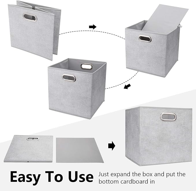 Cloth Storage Bins Set of 4 Thick Fabric Drawers Foldable Cubes Basket Organizer Container with Dual Metal Handles for Shelf Cabinet Bookcase Boxes Grey-White 13x13x13 inch