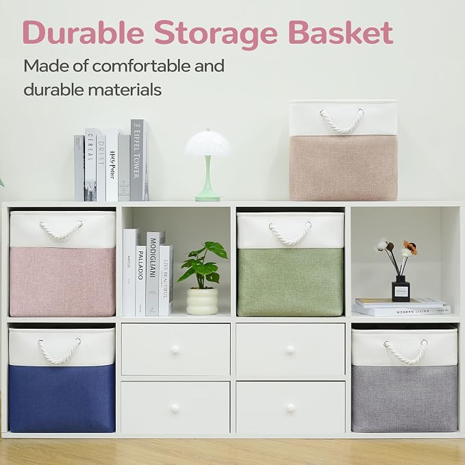 13 x 13 Inch Cube Storage Bins, 6 Pack Fabric Storage Basket with Handles, Foldable Boxes Organizer for Shelf Baskets for Home, Clothes (White/Pink)