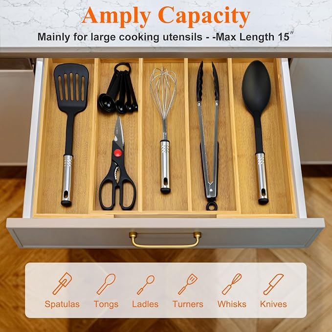 Expandable Silverware Drawer Organizer Storage Large Bamboo Kitchen Tool Utensil Organizers Divider Cutlery Tray Adjustable Flatware Drawer Organizer for Spoon Spatula Cooking Utensils Holder Tray